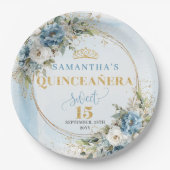 Bohemian Dusty Blue Flowers Gold Glitter Custom Papieren Bordje (Voorkant)