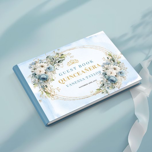 Bohemian Dusty Blue Gold Floral Greenery Guestbook Gastenboek