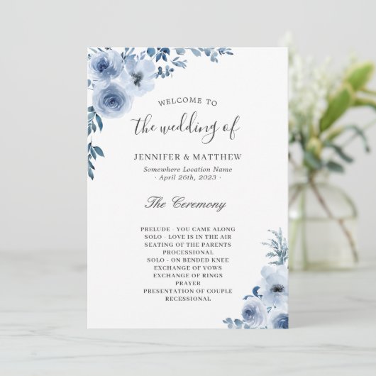 Bohemian Dusty Blue Pastel Floral Wedding Programmakaart (Staand voorkant)