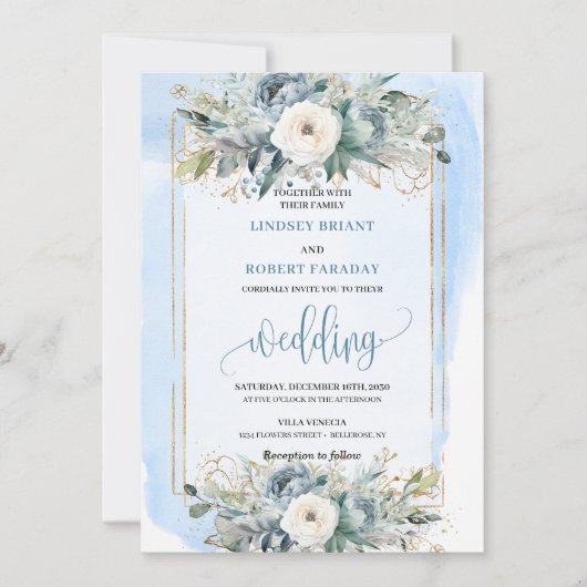 Bohemian dusty blue white flowers wedding invite kaart (Voorkant)