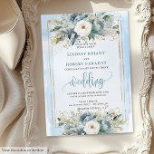 Bohemian dusty blue white flowers wedding invite kaart