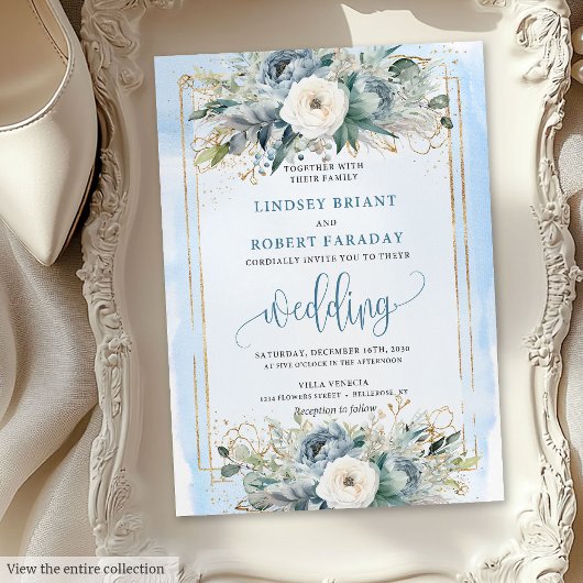 Bohemian dusty blue white flowers wedding invite kaart