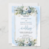 Bohemian Dusty Blue White Gold Peonies Invitation Kaart (Voorkant)