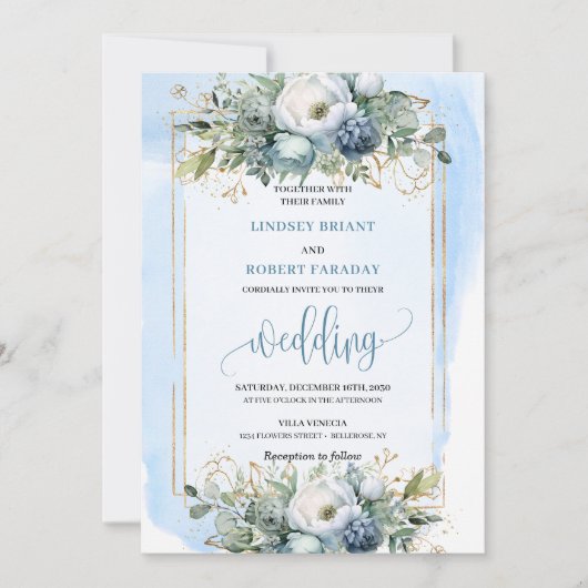 Bohemian Dusty Blue White Gold Peonies Invitation Kaart (Voorkant)