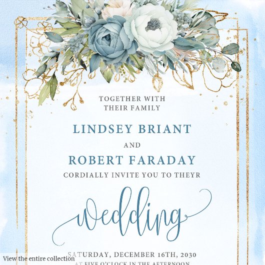 Bohemian Dusty Blue White Gold Peonies Invitation Kaart