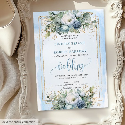 Bohemian Dusty Blue White Gold Peonies Invitation Kaart