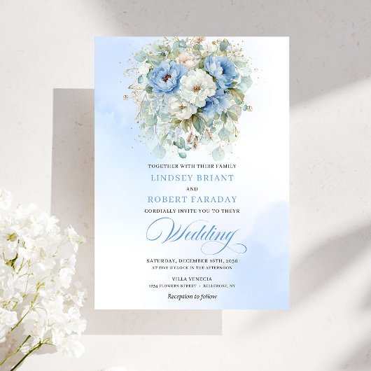 Bohemian Dusty Blue White Peony Wedding Invitation Kaart