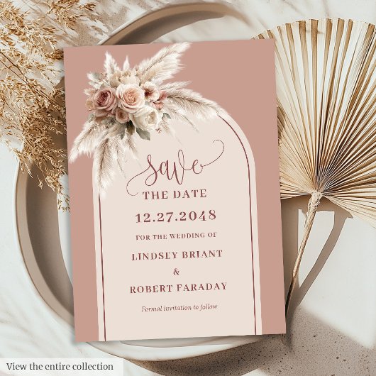 Bohemian Dusty Pink Floral Arch Save the Date Card Kaart