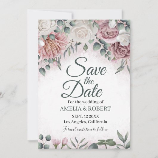 Bohemian Dusty Roos Floral Save The Date (Voorkant)