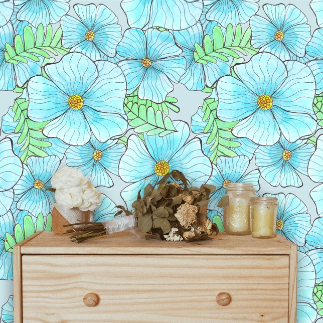 Bohemian Elegant Waterverf Aqua Blue Flowers Behang (Creator heeft geüpload)
