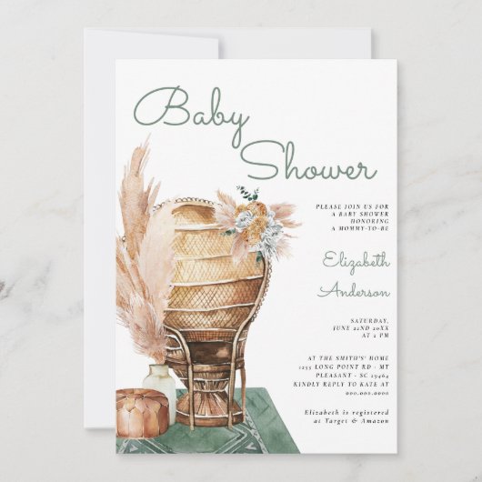 Bohemian Eucalyptus Green Pampas Boho Baby shower  Kaart (Voorkant)