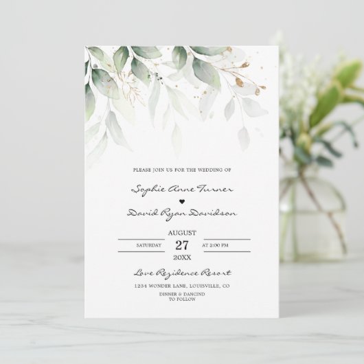 Bohemian Eucalyptus Greenery Gold Wedding Kaart (Staand voorkant)