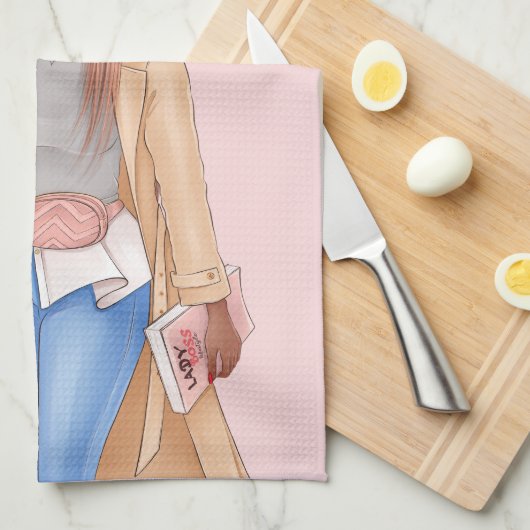 Bohemian Faux Glitter Girl Tan Hair Pink Theedoek (Quarter Fold)