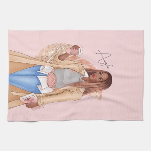 Bohemian Faux Glitter Girl Tan Hair Pink Theedoek (Horizontaal)