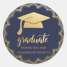 Bohemian Faux Gold Foil Afstuderen Pet | Blauw Ronde Sticker