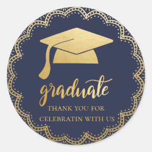 Bohemian Faux Gold Foil Afstuderen Pet   Blauw Ronde Sticker