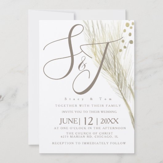 Bohemian Faux Gold Foil Pampas Wedding Ivory Kaart (Voorkant)