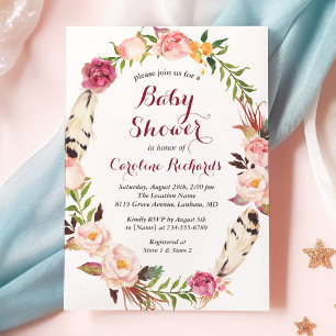 Bohemian Feather Boho Floral Wreate Baby shower Kaart