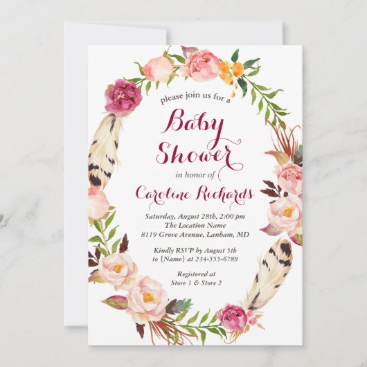 Bohemian Feather Boho Floral Wreate Baby shower Kaart (Voorkant)
