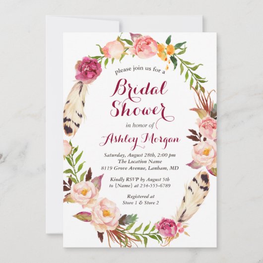 Bohemian Feather Boho Floral Wreate Vrijgezellenfe Kaart (Voorkant)