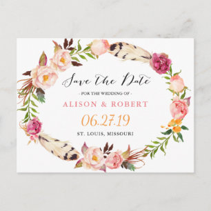 Bohemian Feather Boho Floral Wreath Save the Date Aankondigingskaart