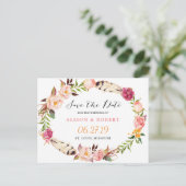 Bohemian Feather Boho Floral Wreath Save the Date Aankondigingskaart (Staand voorkant)