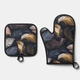 Bohemian Feather Design Elegante Donkere Tonen Ovenwant & Pannenlap Set