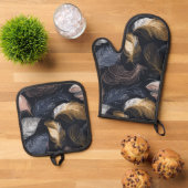 Bohemian Feather Design Elegante Donkere Tonen Ovenwant & Pannenlap Set (Top down)