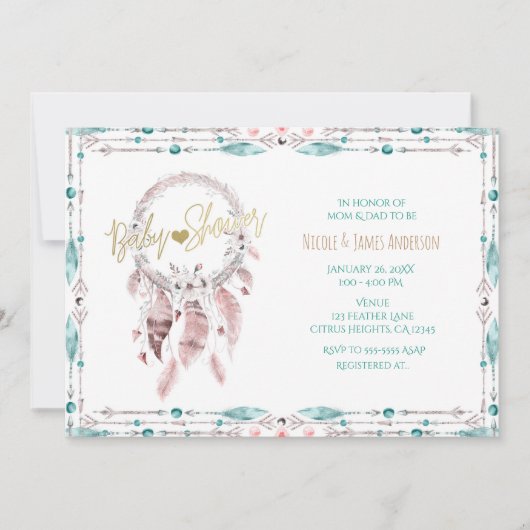 Bohemian Feather Dream Catcher Blauwgroen Baby sho Kaart (Voorkant)