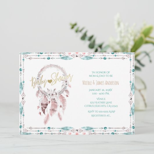 Bohemian Feather Dream Catcher Blauwgroen Baby sho Kaart (Staand voorkant)