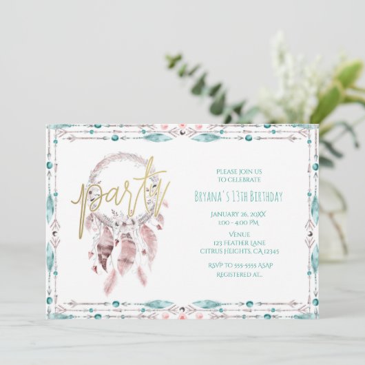 Bohemian Feather Dream Catcher Blauwgroen Verjaard Kaart (Staand voorkant)