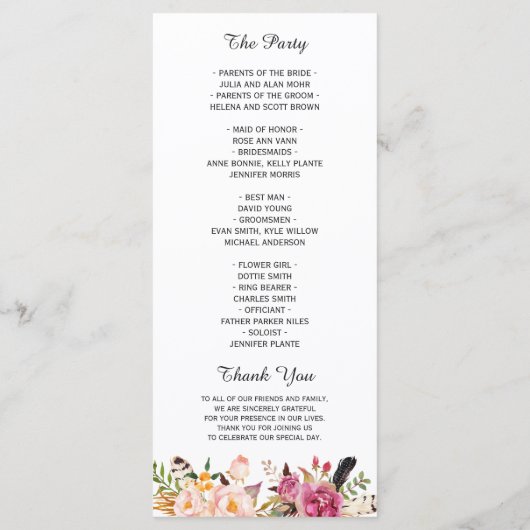 Bohemian Feather Floral Boho Wedding Programme Programmakaart (Achterkant)