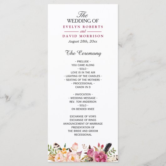 Bohemian Feather Floral Boho Wedding Programme Programmakaart (Voorkant)
