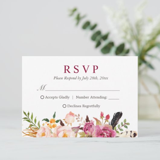 Bohemian Feather Rustic Floral Boho RSVP (Staand voorkant)