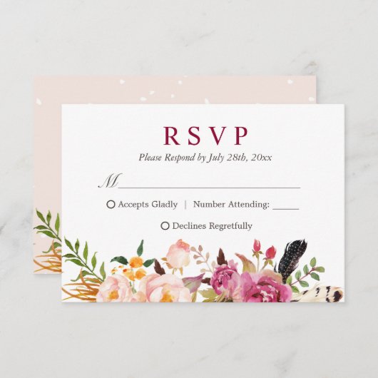 Bohemian Feather Rustic Floral Boho RSVP (Voorkant / Achterkant)