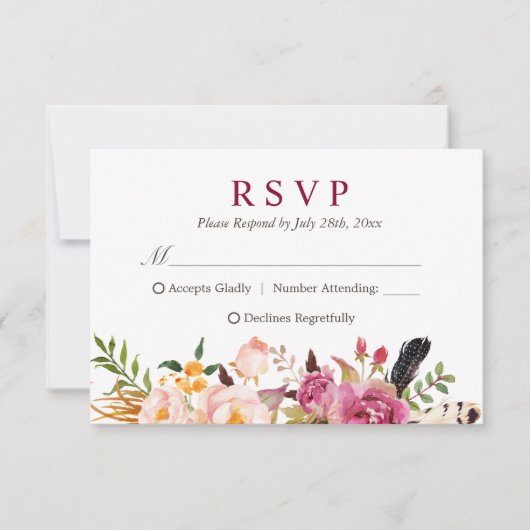 Bohemian Feather Rustic Floral Boho RSVP Kaartje (Voorkant)