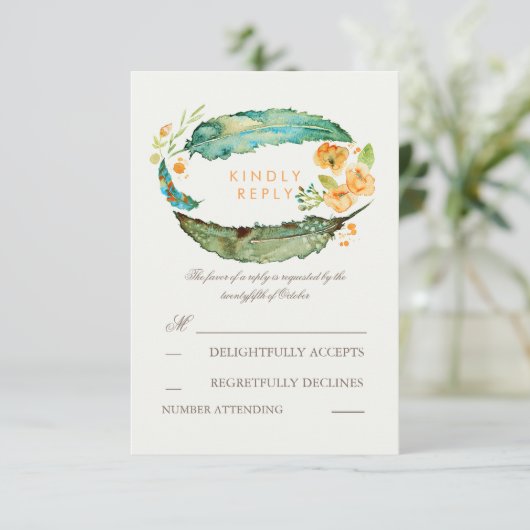 Bohemian Feathers Blauwgroen Bruiloft RSVP Kaarten (Staand voorkant)