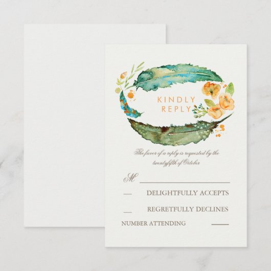 Bohemian Feathers Blauwgroen Bruiloft RSVP Kaarten (Voorkant / Achterkant)