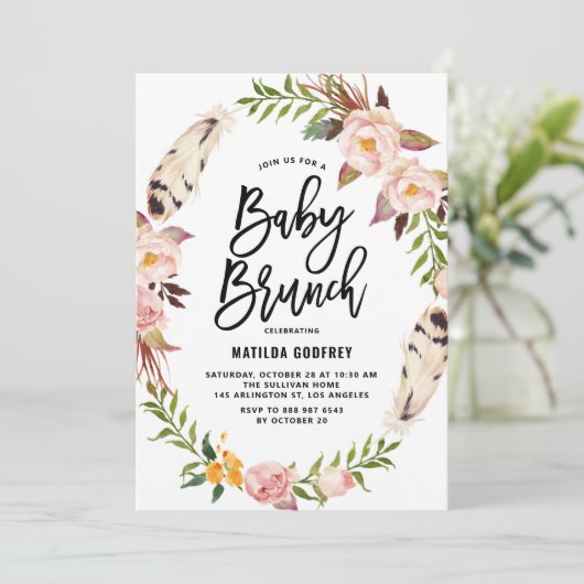 Bohemian Feathers Floral Wreath Baby shower Brunch Kaart (Staand voorkant)