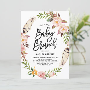 Bohemian Feathers Floral Wreath Baby shower Brunch Kaart
