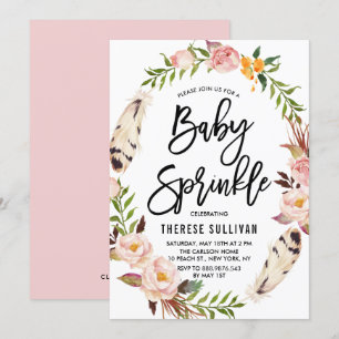 Bohemian Feathers Floral Wreath Pink Baby Sprinkle Kaart