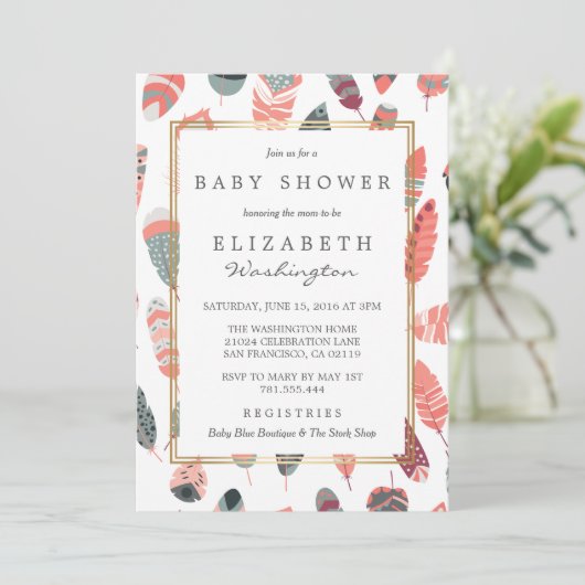 Bohemian Feathers Pattern Baby shower Kaart (Staand voorkant)