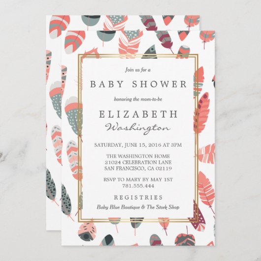 Bohemian Feathers Pattern Baby shower Kaart (Voorkant / Achterkant)