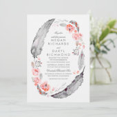 Bohemian Feathers Roze en Grijs Bruiloft Kaart (Staand voorkant)