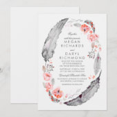 Bohemian Feathers Roze en Grijs Bruiloft Kaart (Voorkant / Achterkant)