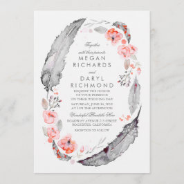 Bohemian Feathers Roze en Grijs Bruiloft Kaart