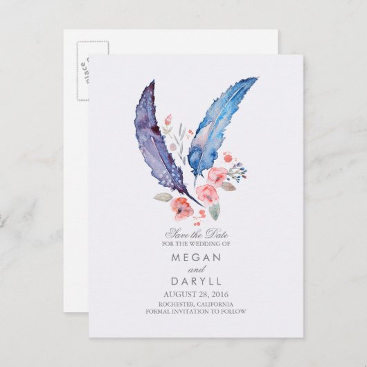 Bohemian Feathers Rustic Save the Date Aankondigingskaart (Voorkant / Achterkant)