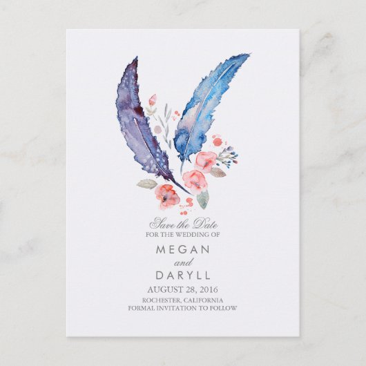 Bohemian Feathers Rustic Save the Date Aankondigingskaart (Voorkant)
