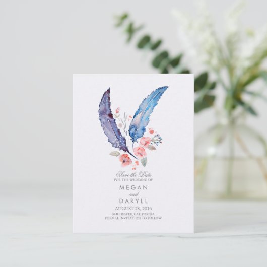 Bohemian Feathers Rustic Save the Date Aankondigingskaart (Staand voorkant)