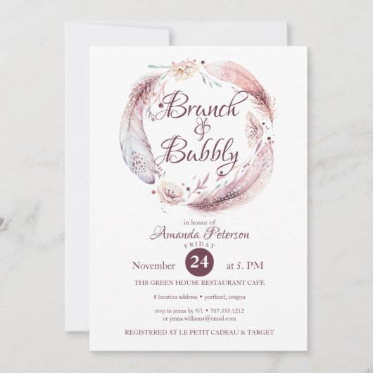 Bohemian Feathers Wreath Brunch Bubble Invitation Kaart (Voorkant)